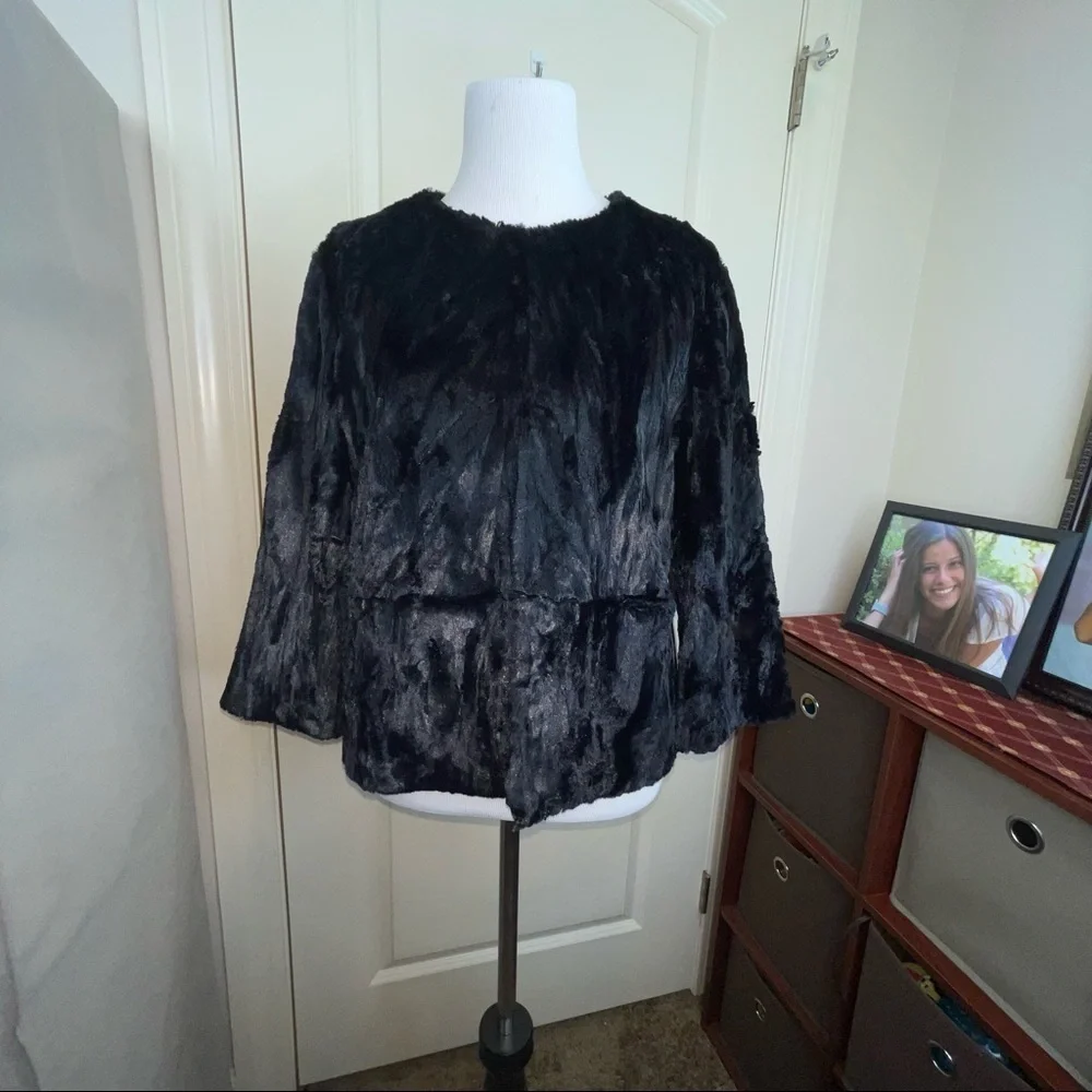 NWT Jennifer Lopez Short Faux Fur Jacket Black Tie Sz M